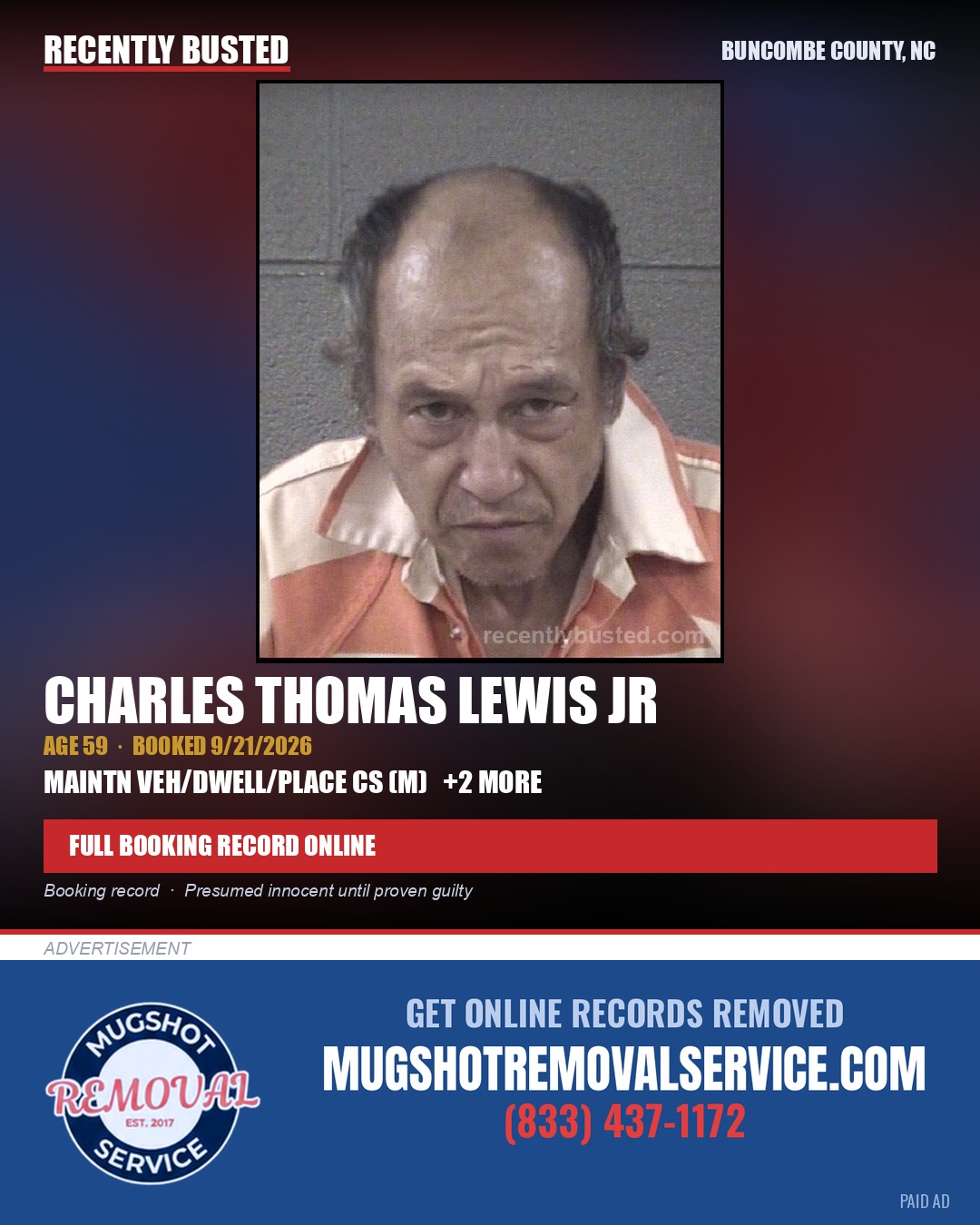 CHARLES THOMAS LEWIS JR — arrest record card, Buncombe County, North Carolina