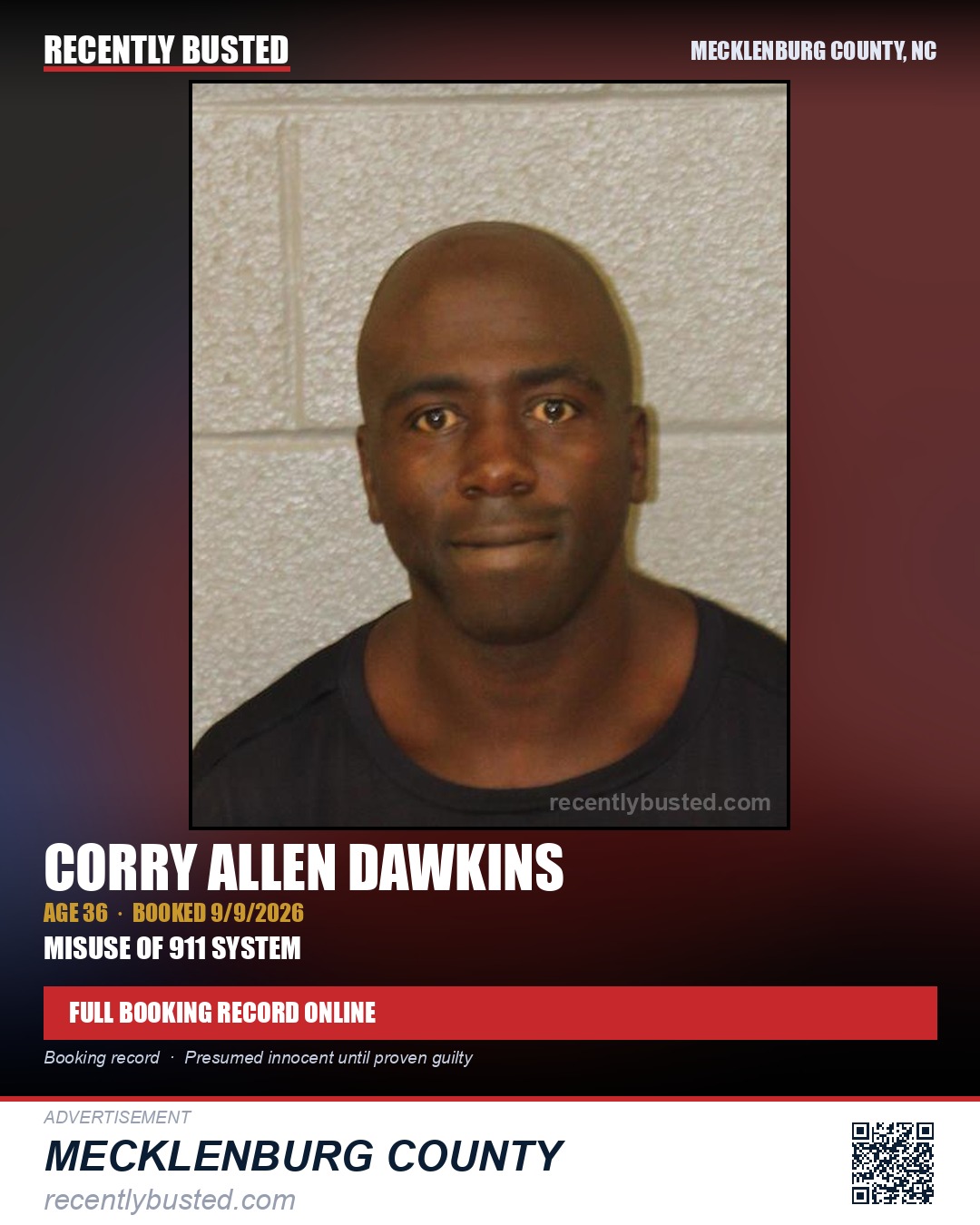 CORRY ALLEN DAWKINS — arrest record card, Mecklenburg County, North Carolina