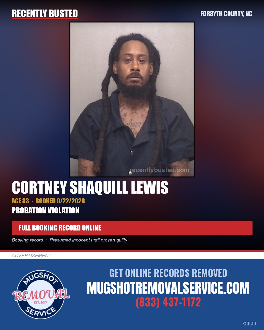 CORTNEY SHAQUILL LEWIS — arrest record card, Forsyth County, North Carolina
