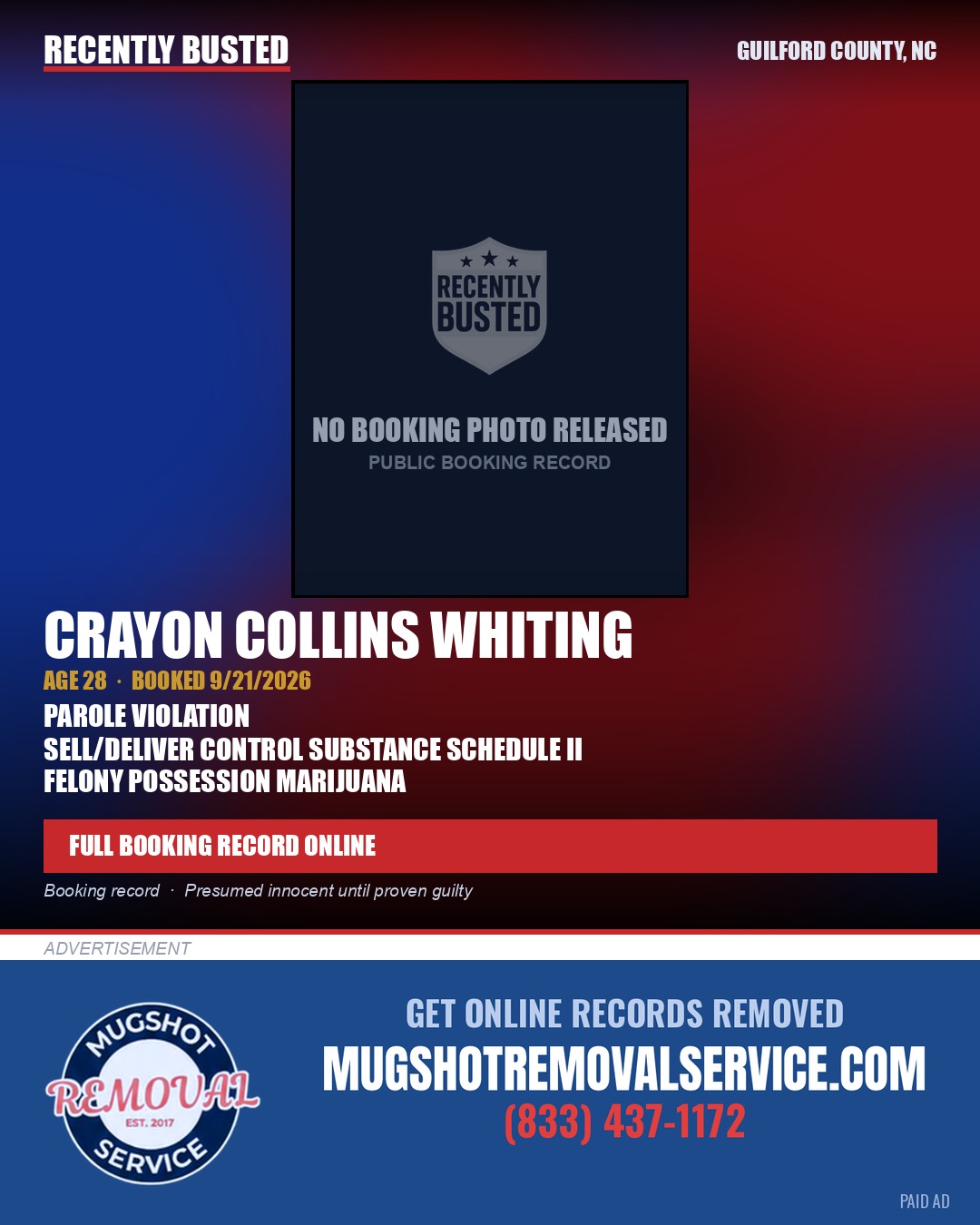 CRAYON COLLINS WHITING — arrest record card, Guilford County, North Carolina