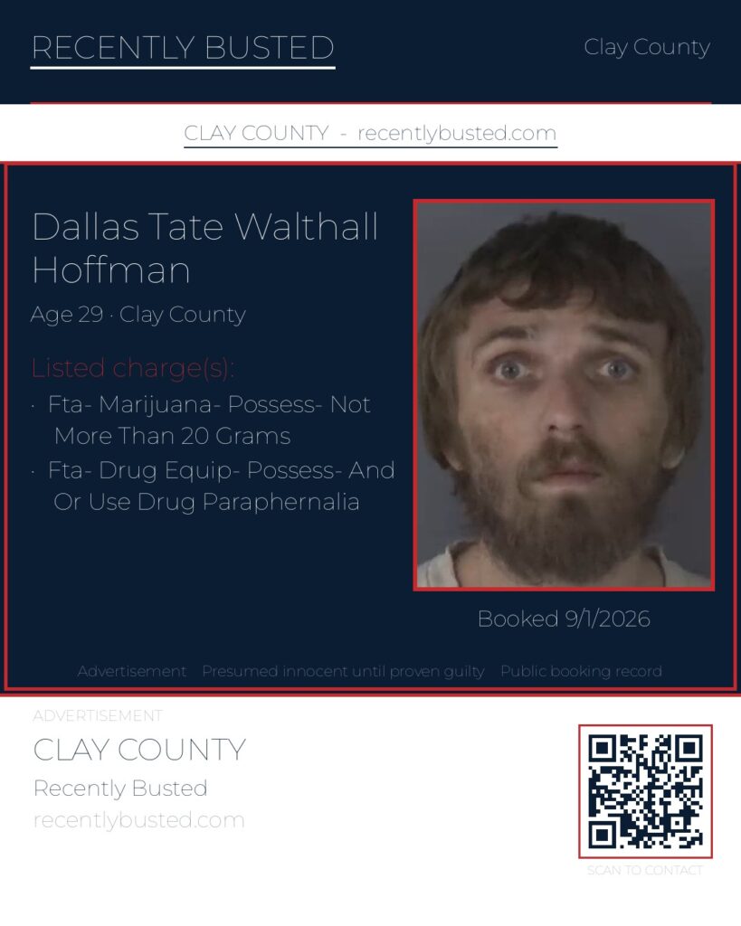 DALLAS TATE WALTHALL HOFFMAN — arrest record card, Clay County, Florida