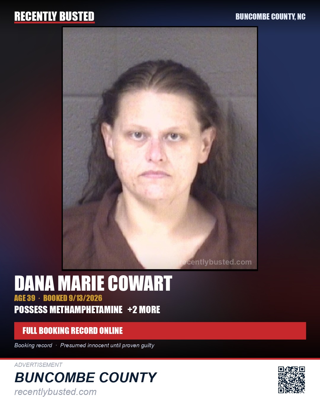 DANA MARIE COWART — arrest record card, Buncombe County, North Carolina