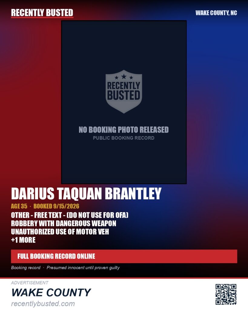 DARIUS TAQUAN BRANTLEY — arrest record card, Wake County, North Carolina