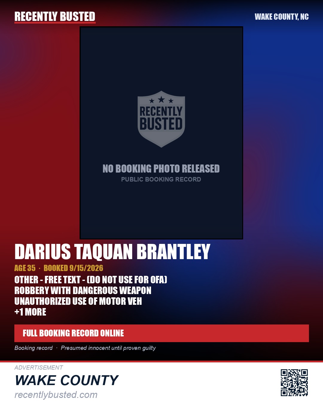 DARIUS TAQUAN BRANTLEY — arrest record card, Wake County, North Carolina
