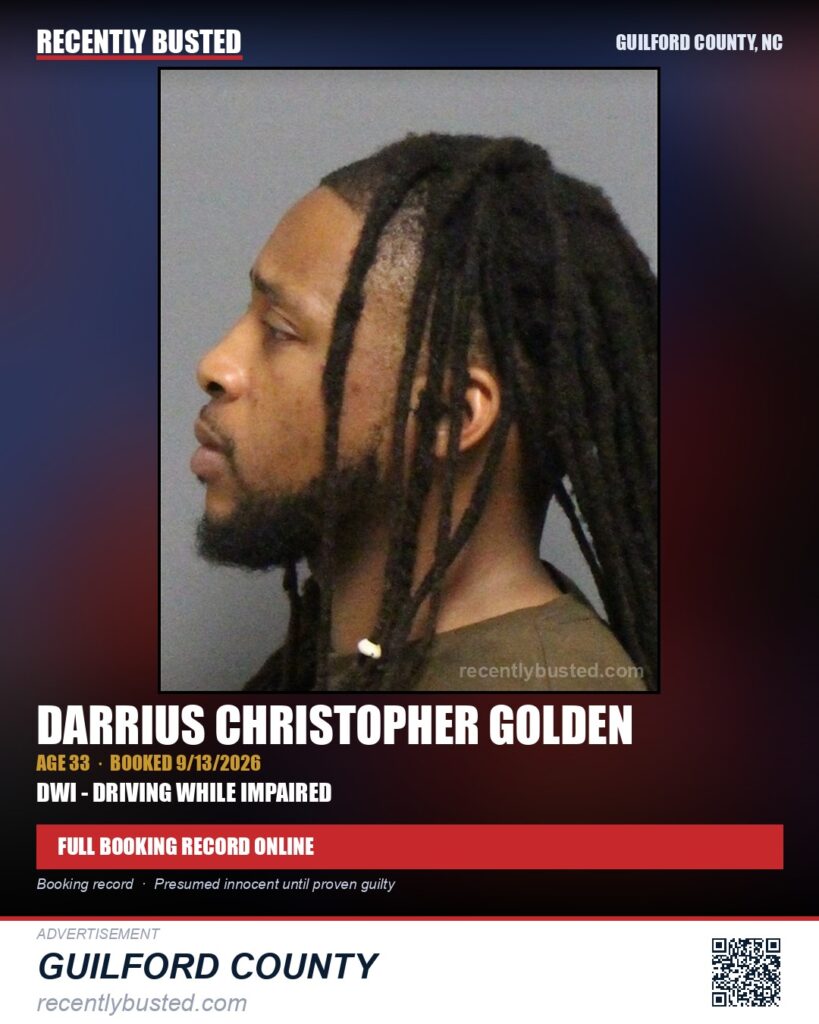DARRIUS CHRISTOPHER GOLDEN — arrest record card, Guilford County, North Carolina