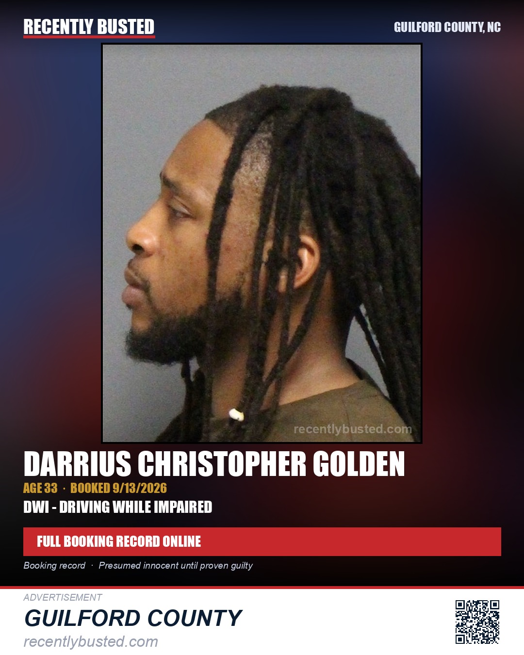 DARRIUS CHRISTOPHER GOLDEN — arrest record card, Guilford County, North Carolina