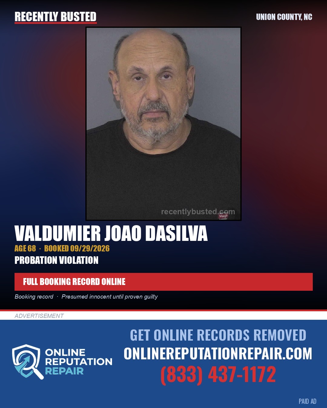 DASILVA, VALDUMIER JOAO — arrest record card, Union County, North Carolina