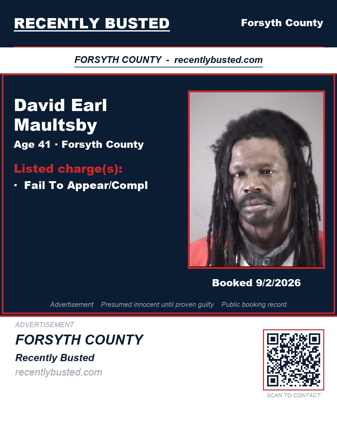 DAVID EARL MAULTSBY — arrest record card, Forsyth County, North Carolina