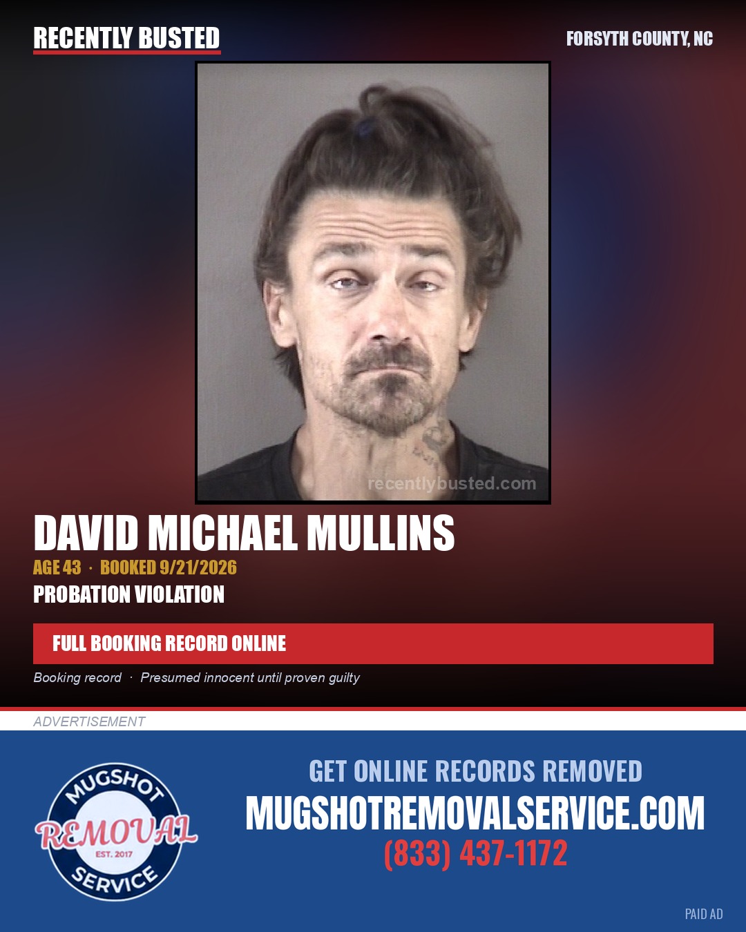 DAVID MICHAEL MULLINS — arrest record card, Forsyth County, North Carolina