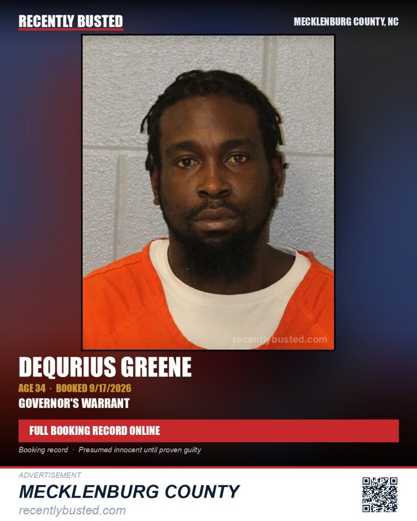 DEQURIUS GREENE — arrest record card, Mecklenburg County, North Carolina