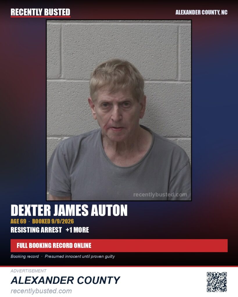 DEXTER JAMES AUTON — arrest record card, Alexander County, North Carolina