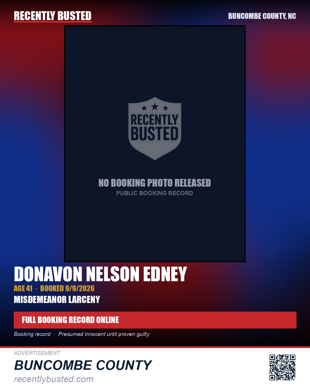 DONAVON NELSON EDNEY — arrest record card, Buncombe County, North Carolina