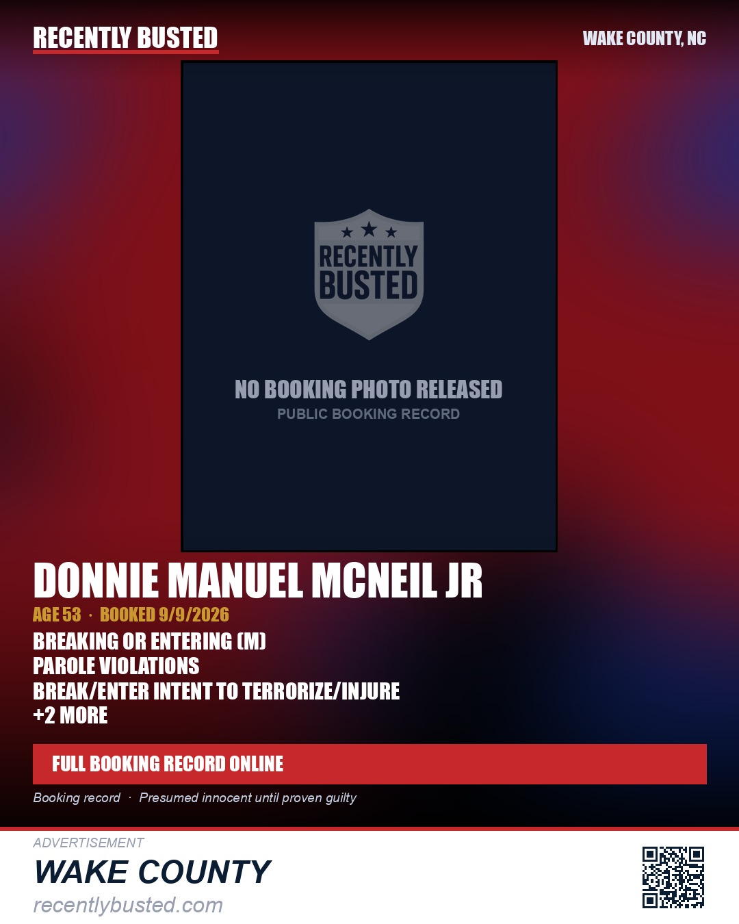 DONNIE MANUEL MCNEIL JR — arrest record card, Wake County, North Carolina