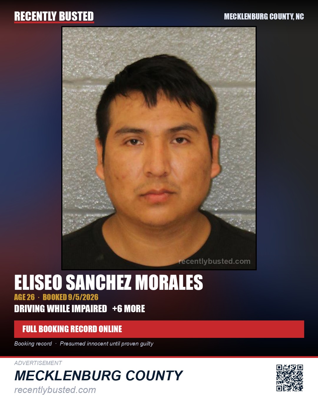 ELISEO SANCHEZ MORALES — arrest record card, Mecklenburg County, North Carolina