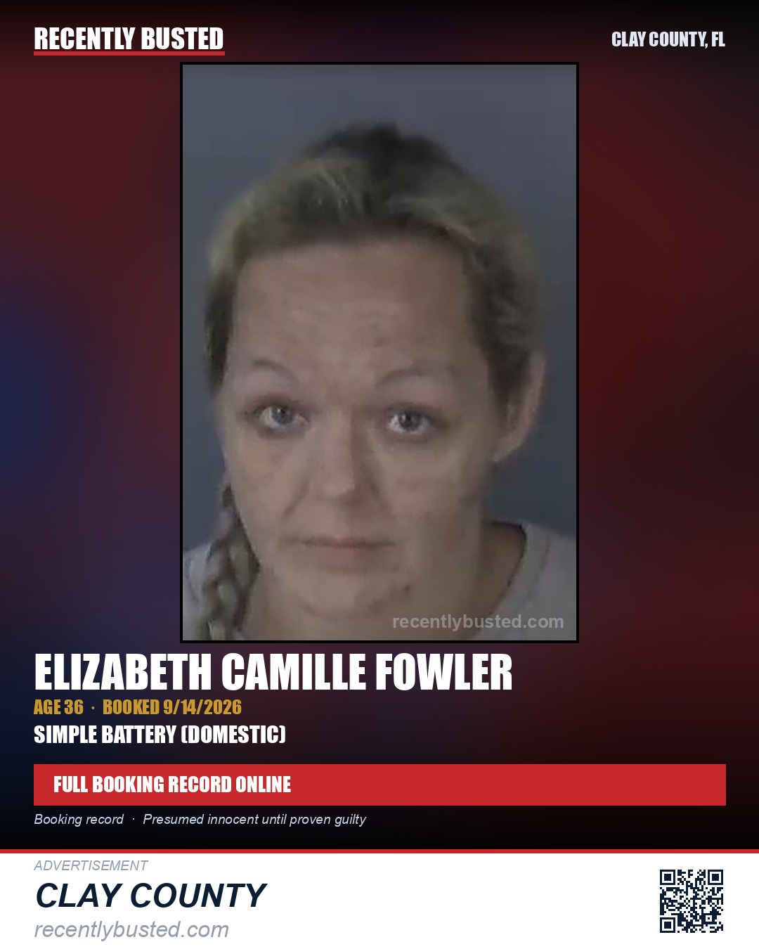 ELIZABETH CAMILLE FOWLER — arrest record card, Clay County, Florida