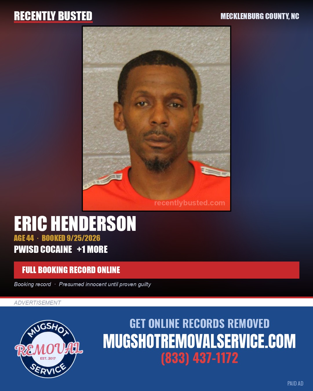 ERIC HENDERSON — arrest record card, Mecklenburg County, North Carolina