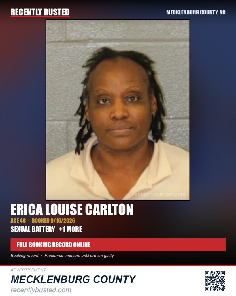 ERICA LOUISE CARLTON — arrest record card, Mecklenburg County, North Carolina