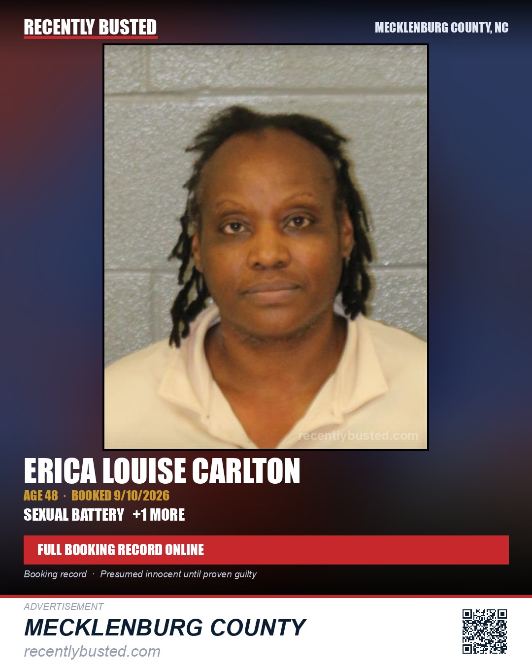 ERICA LOUISE CARLTON — arrest record card, Mecklenburg County, North Carolina