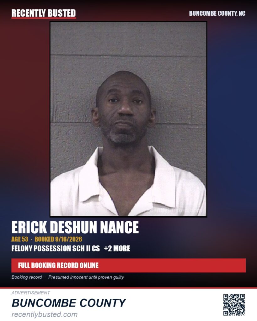 ERICK DESHUN NANCE — arrest record card, Buncombe County, North Carolina