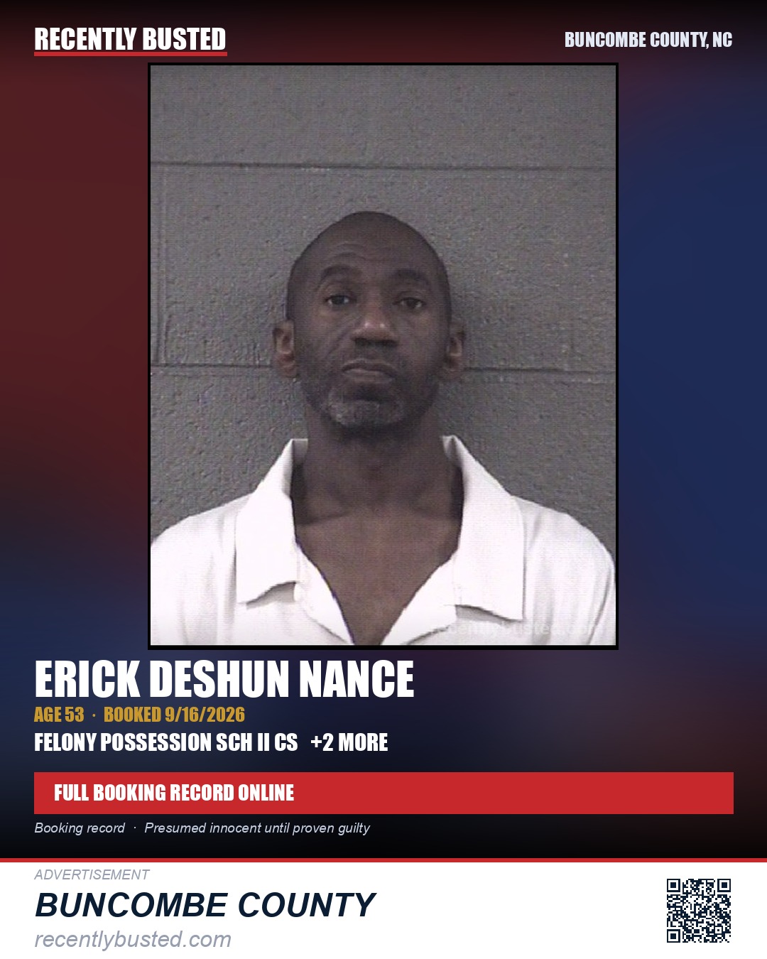 ERICK DESHUN NANCE — arrest record card, Buncombe County, North Carolina