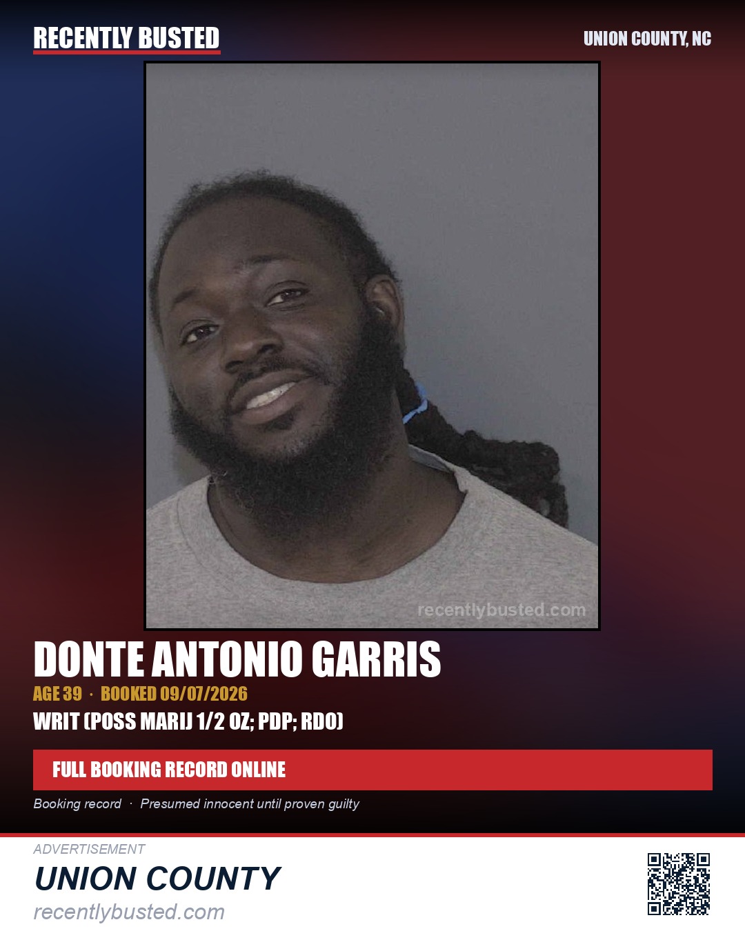 GARRIS, DONTE ANTONIO — arrest record card, Union County, North Carolina