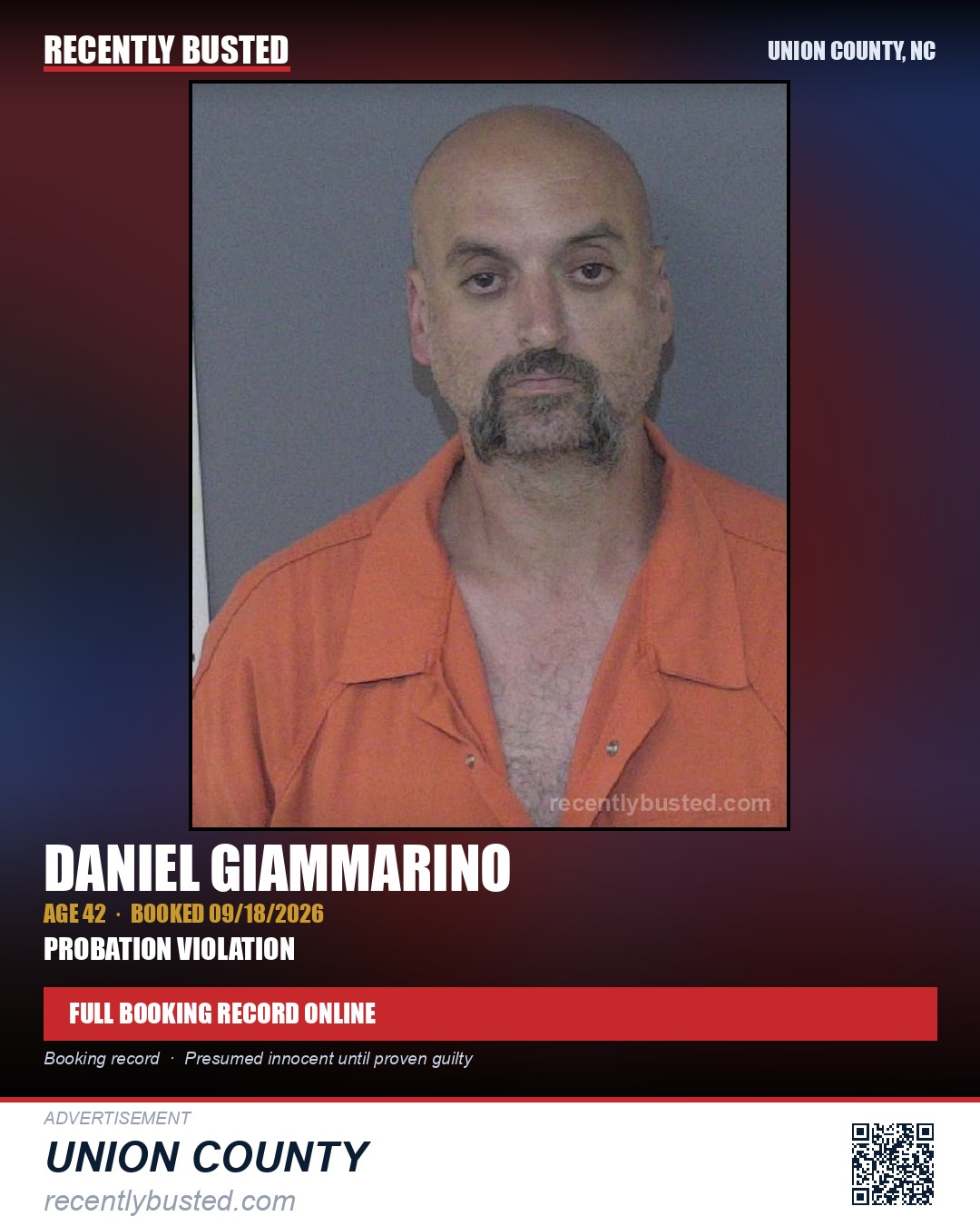 GIAMMARINO, DANIEL — arrest record card, Union County, North Carolina