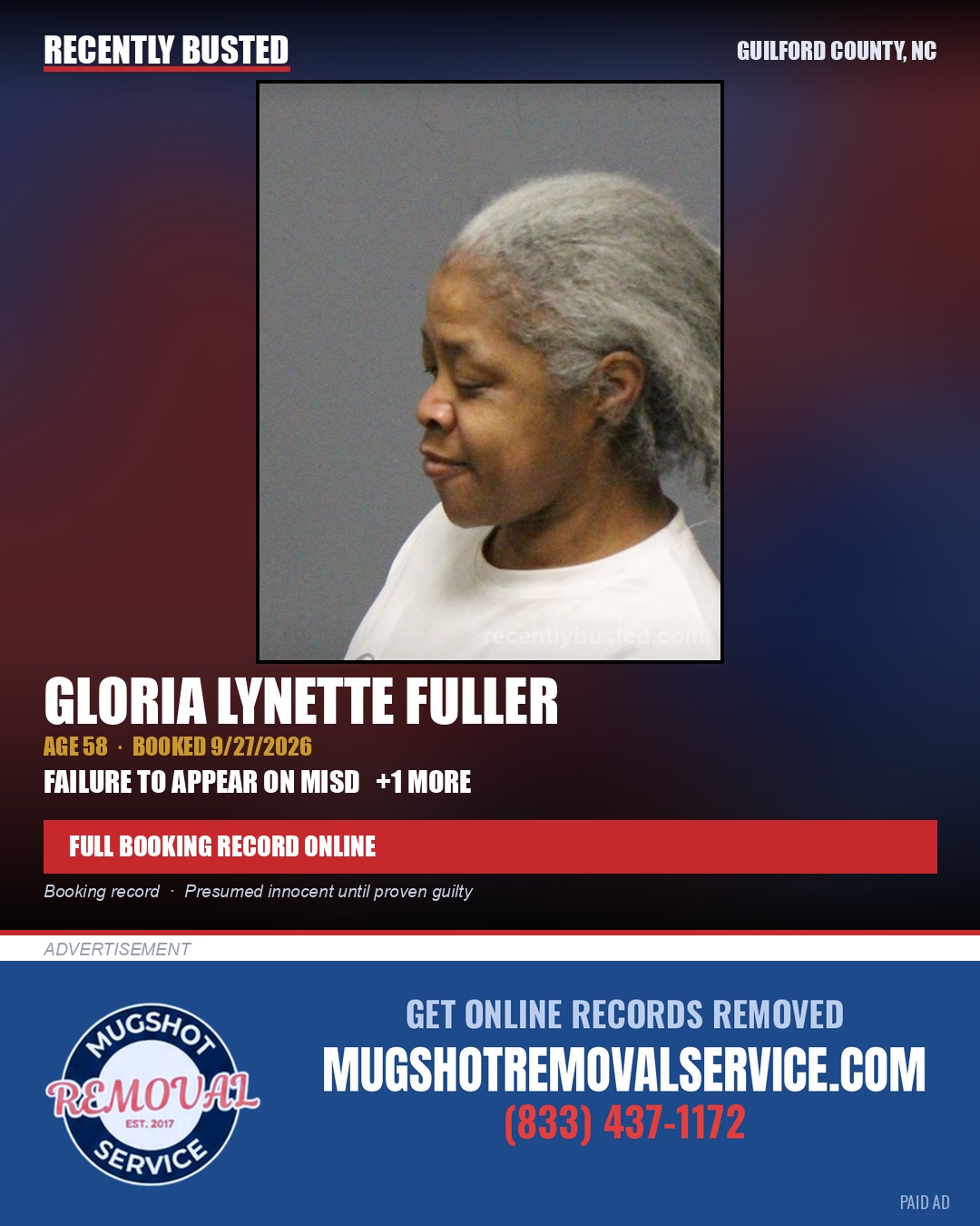 GLORIA LYNETTE FULLER — arrest record card, Guilford County, North Carolina