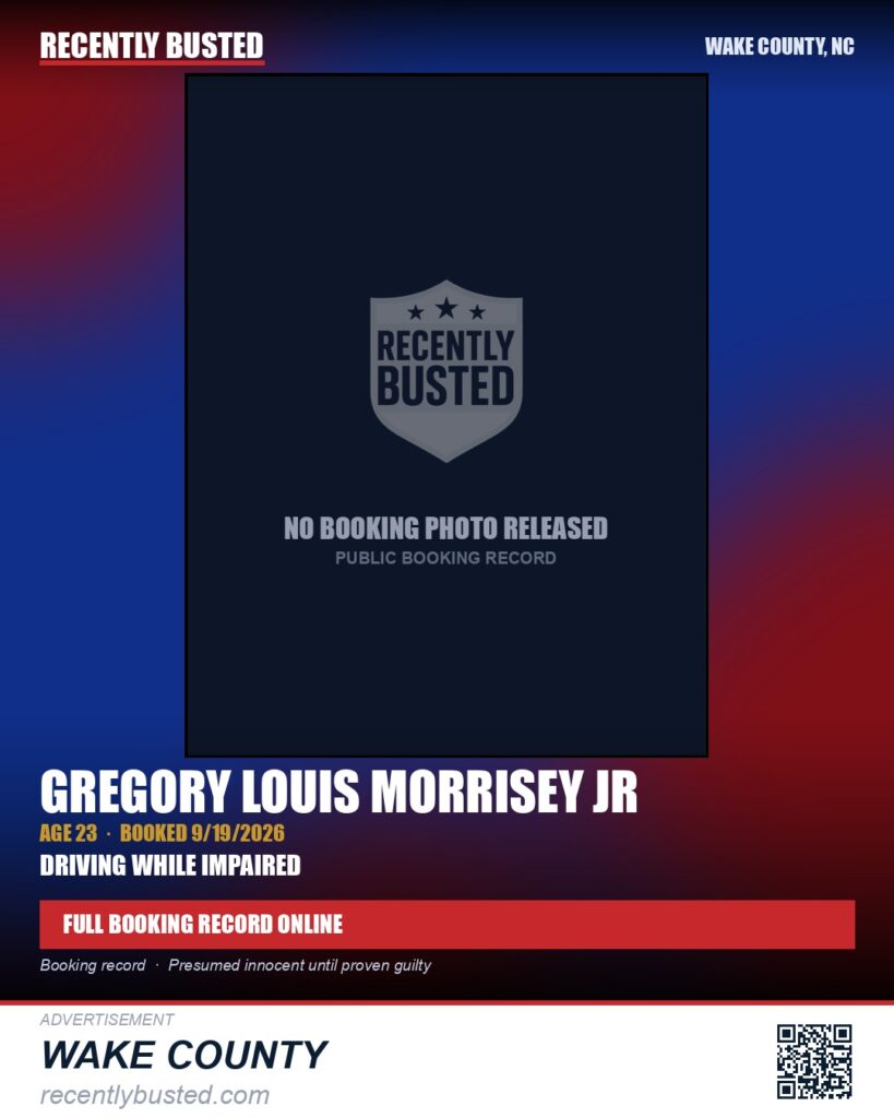 GREGORY LOUIS MORRISEY JR — arrest record card, Wake County, North Carolina