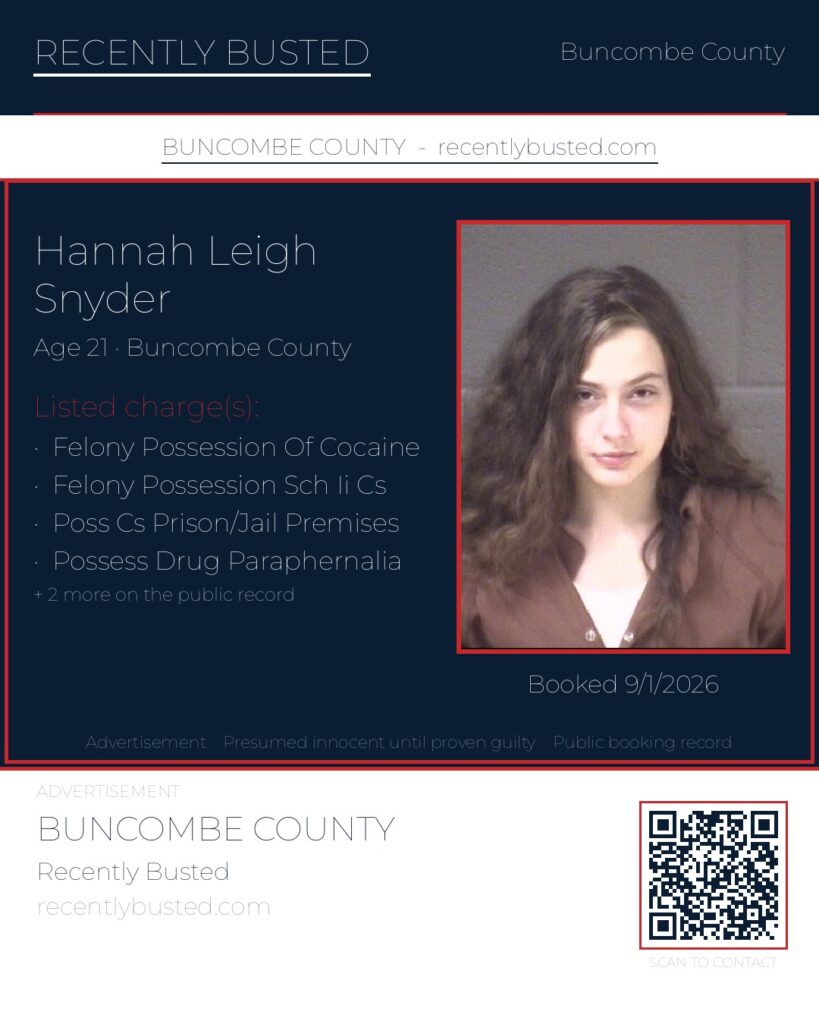 HANNAH LEIGH SNYDER — arrest record card, Buncombe County, North Carolina