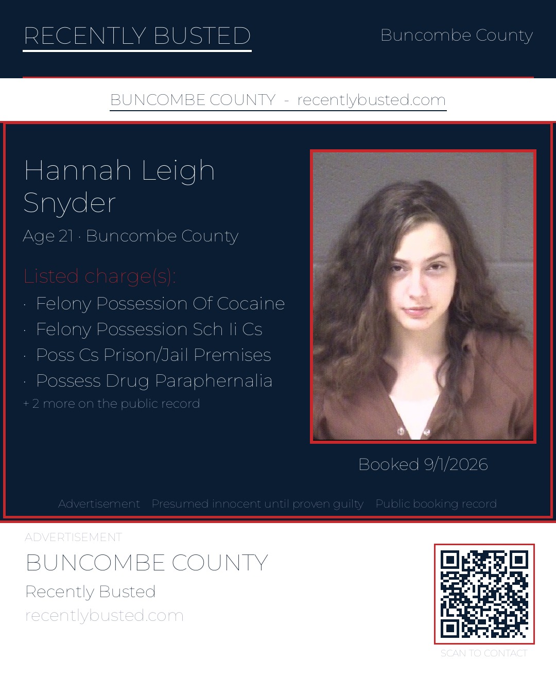 HANNAH LEIGH SNYDER — arrest record card, Buncombe County, North Carolina