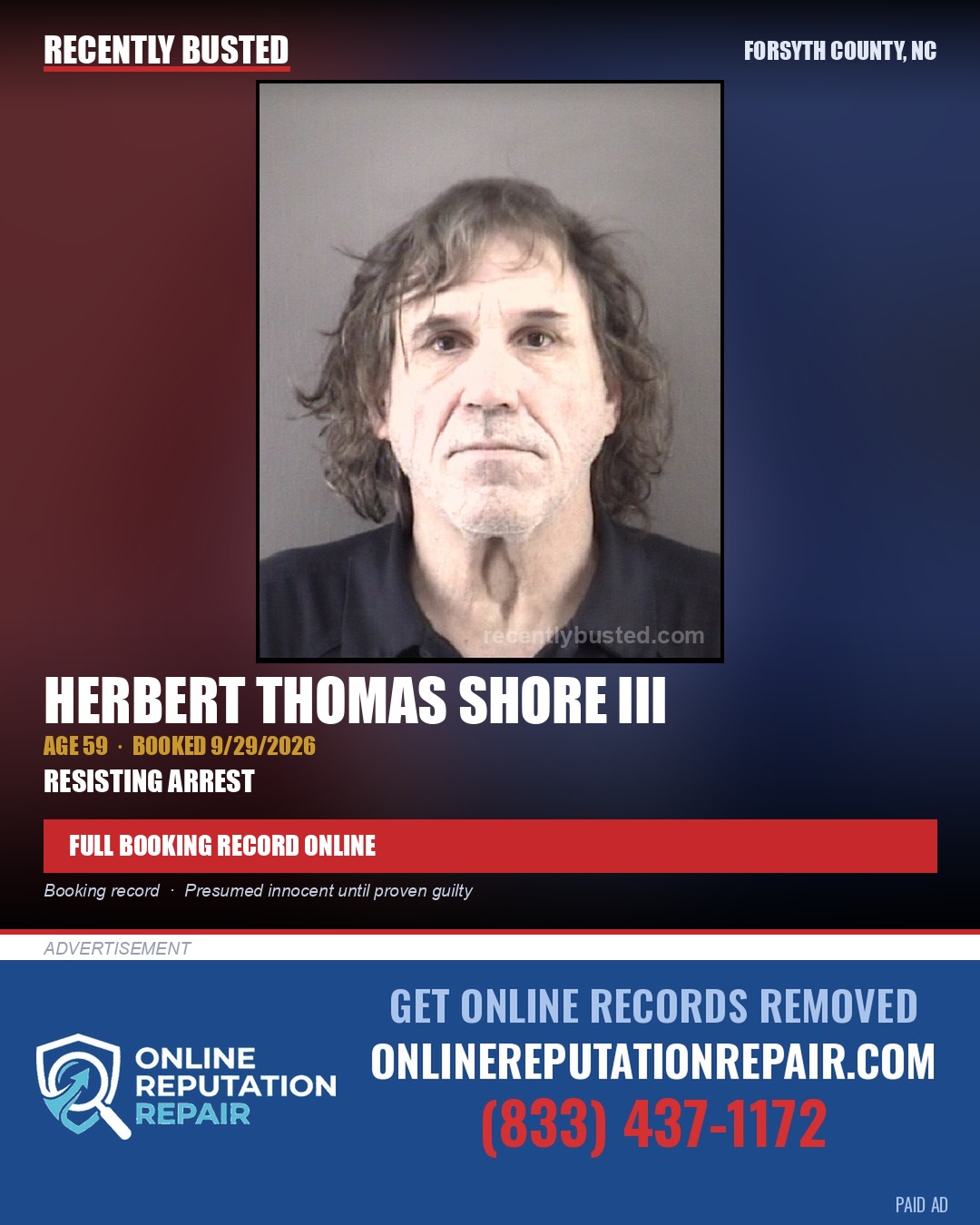 HERBERT THOMAS SHORE III — arrest record card, Forsyth County, North Carolina