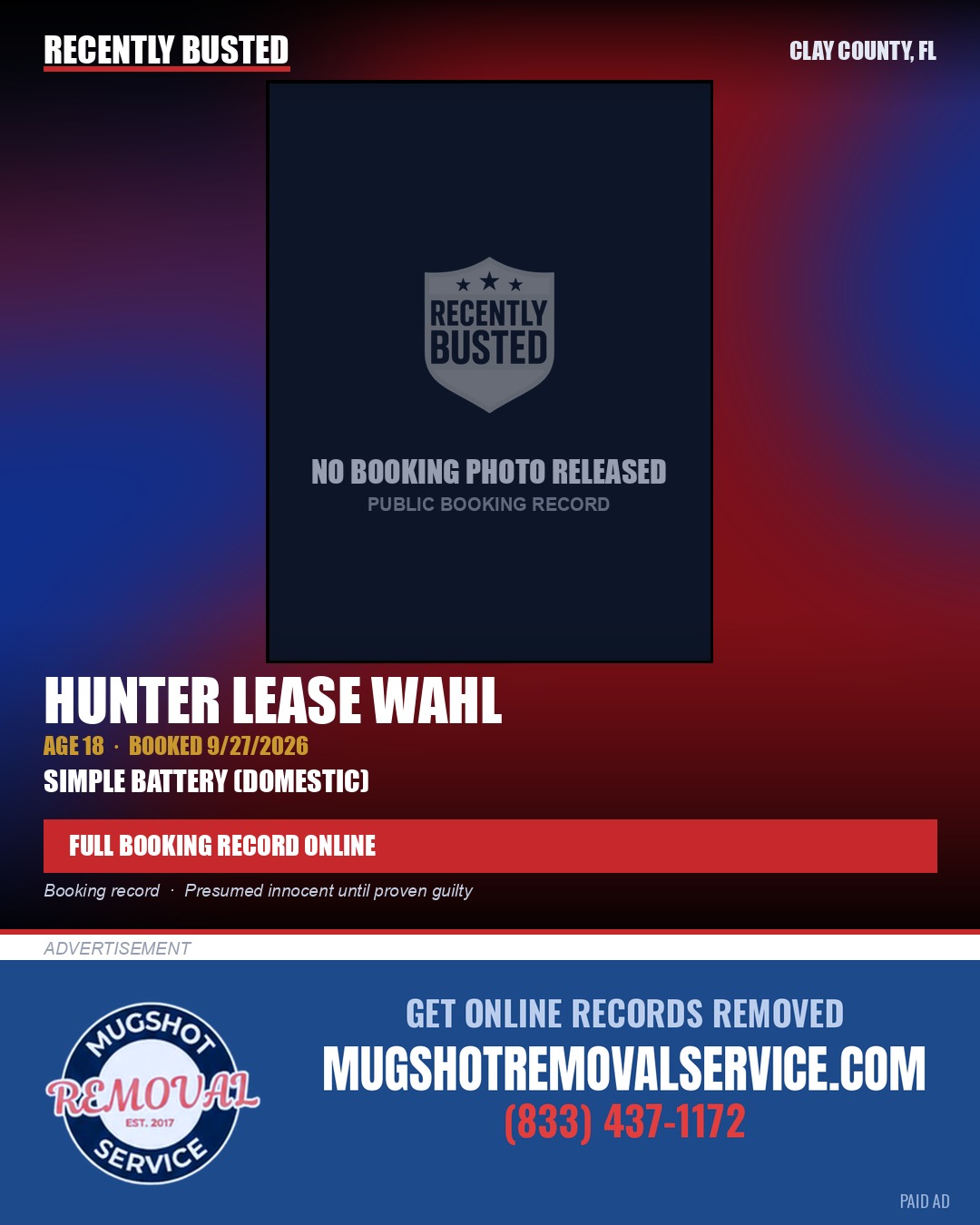 HUNTER LEASE WAHL — arrest record card, Clay County, Florida