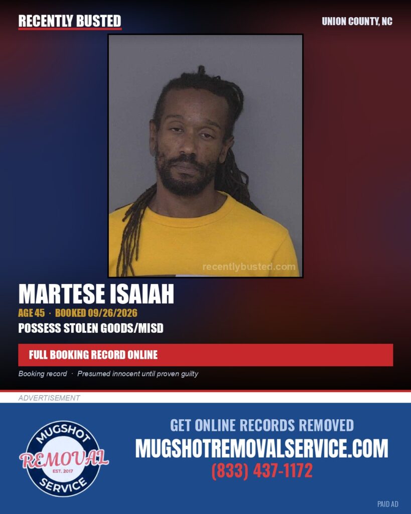 ISAIAH, MARTESE — arrest record card, Union County, North Carolina