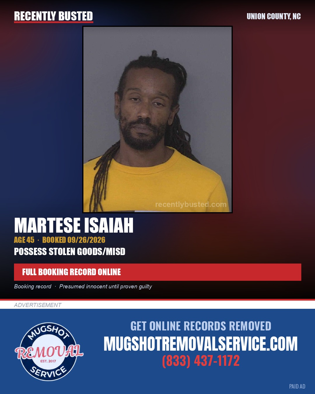 ISAIAH, MARTESE — arrest record card, Union County, North Carolina