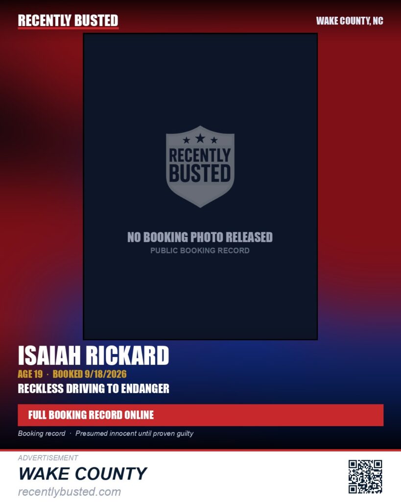 ISAIAH RICKARD — arrest record card, Wake County, North Carolina