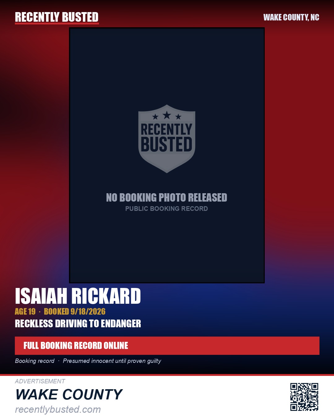 ISAIAH RICKARD — arrest record card, Wake County, North Carolina