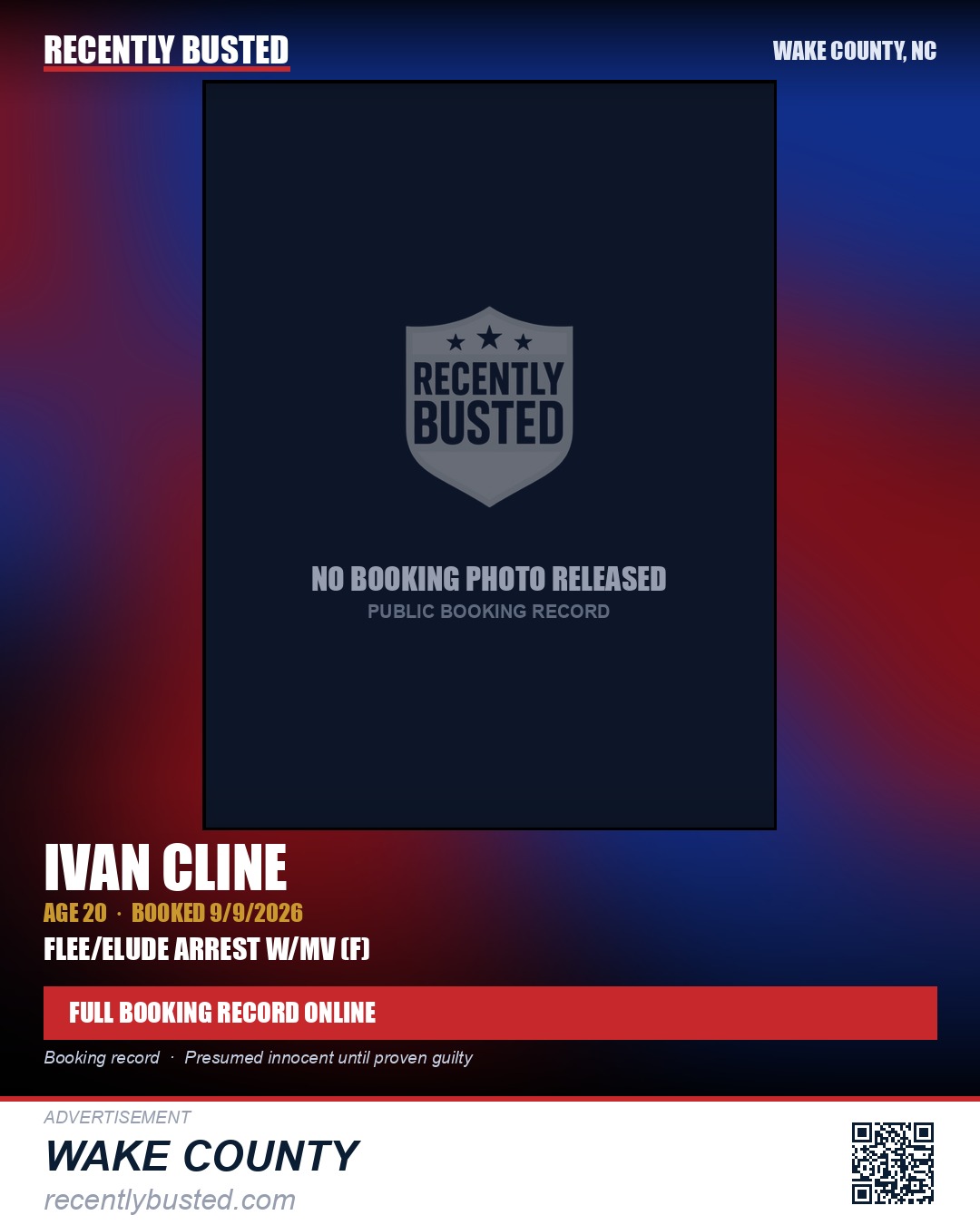 IVAN CLINE — arrest record card, Wake County, North Carolina