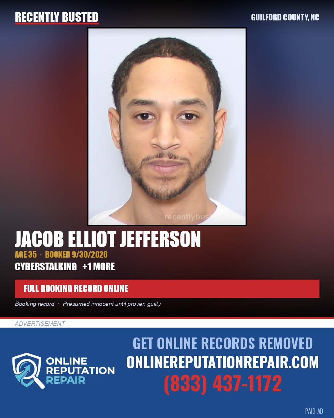 JACOB ELLIOT JEFFERSON — arrest record card, Guilford County, North Carolina