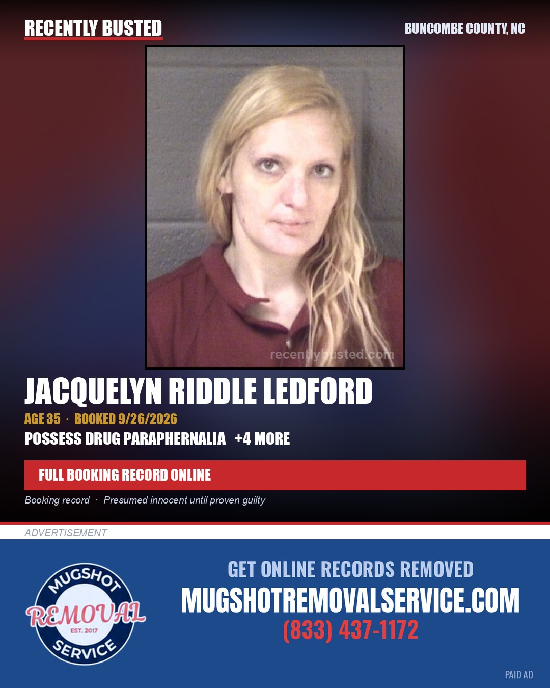 JACQUELYN RIDDLE LEDFORD — arrest record card, Buncombe County, North Carolina