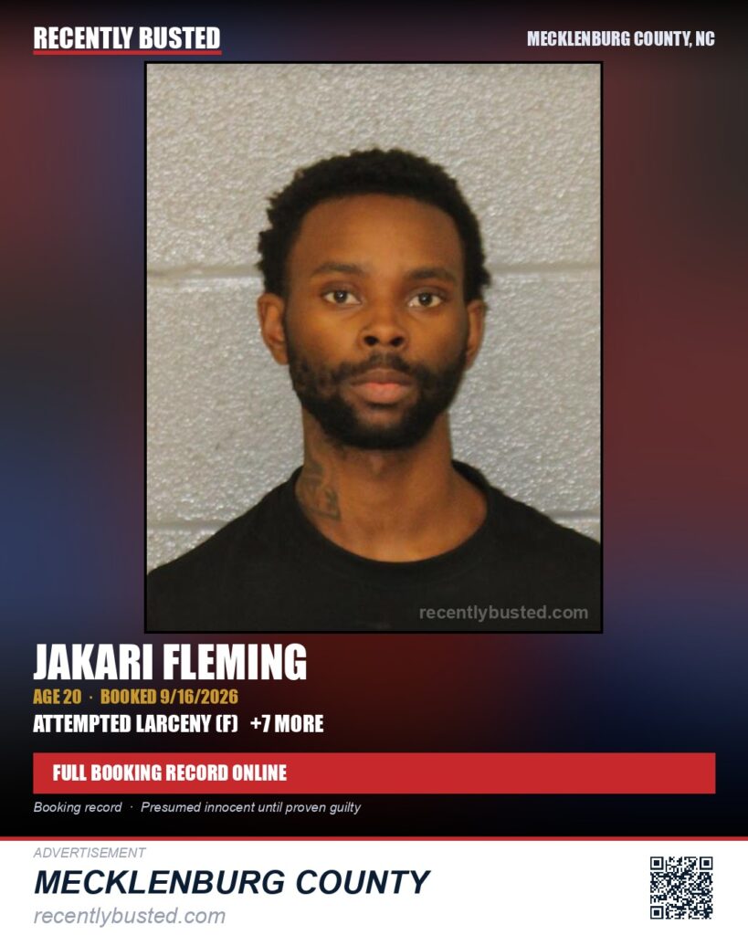 JAKARI FLEMING — arrest record card, Mecklenburg County, North Carolina