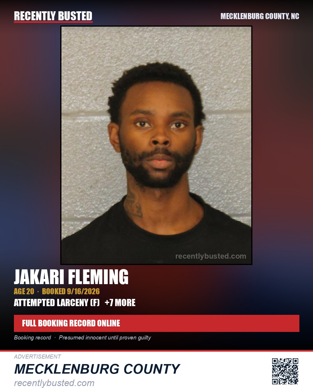 JAKARI FLEMING — arrest record card, Mecklenburg County, North Carolina