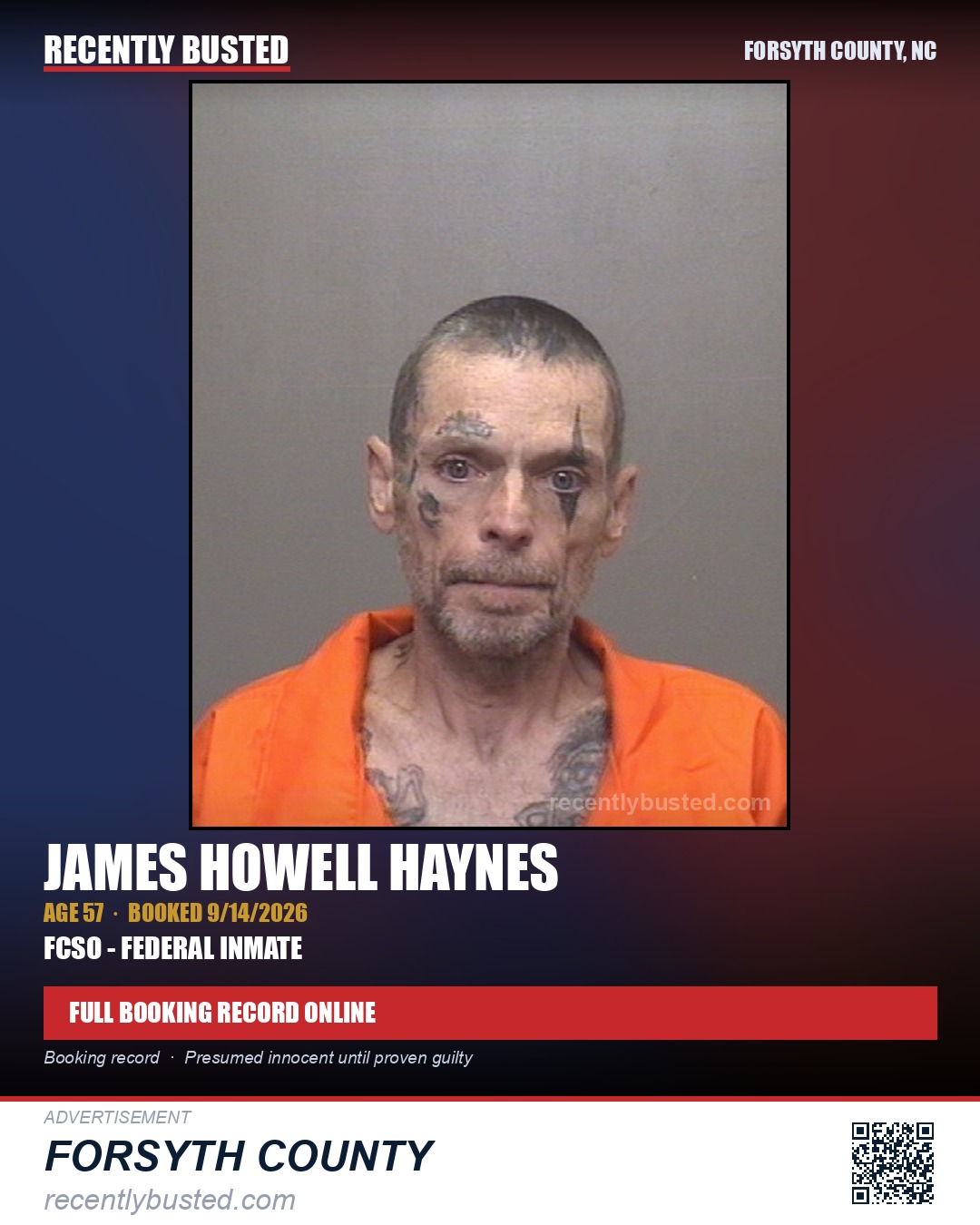 JAMES HOWELL HAYNES — arrest record card, Forsyth County, North Carolina