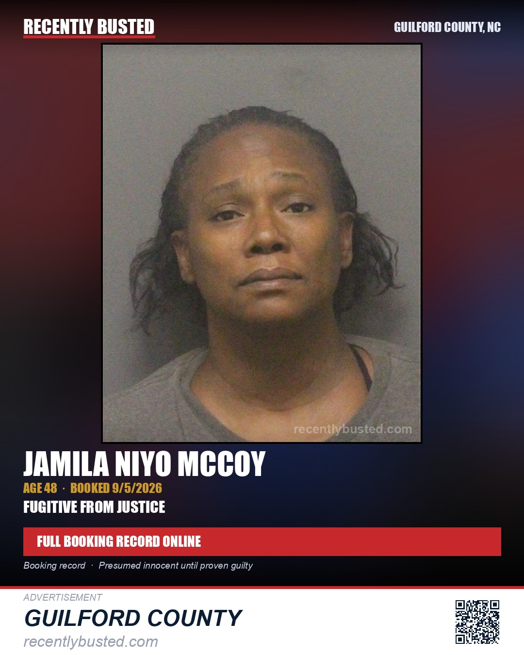 JAMILA NIYO MCCOY — arrest record card, Guilford County, North Carolina