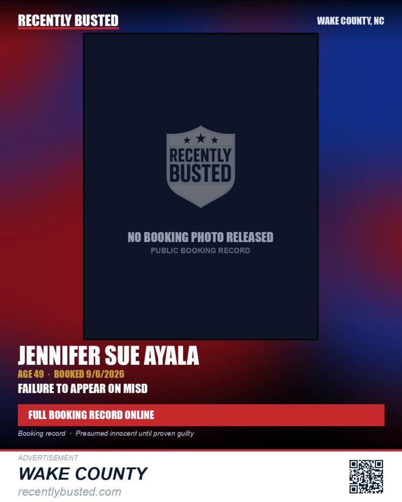 JENNIFER SUE AYALA — arrest record card, Wake County, North Carolina