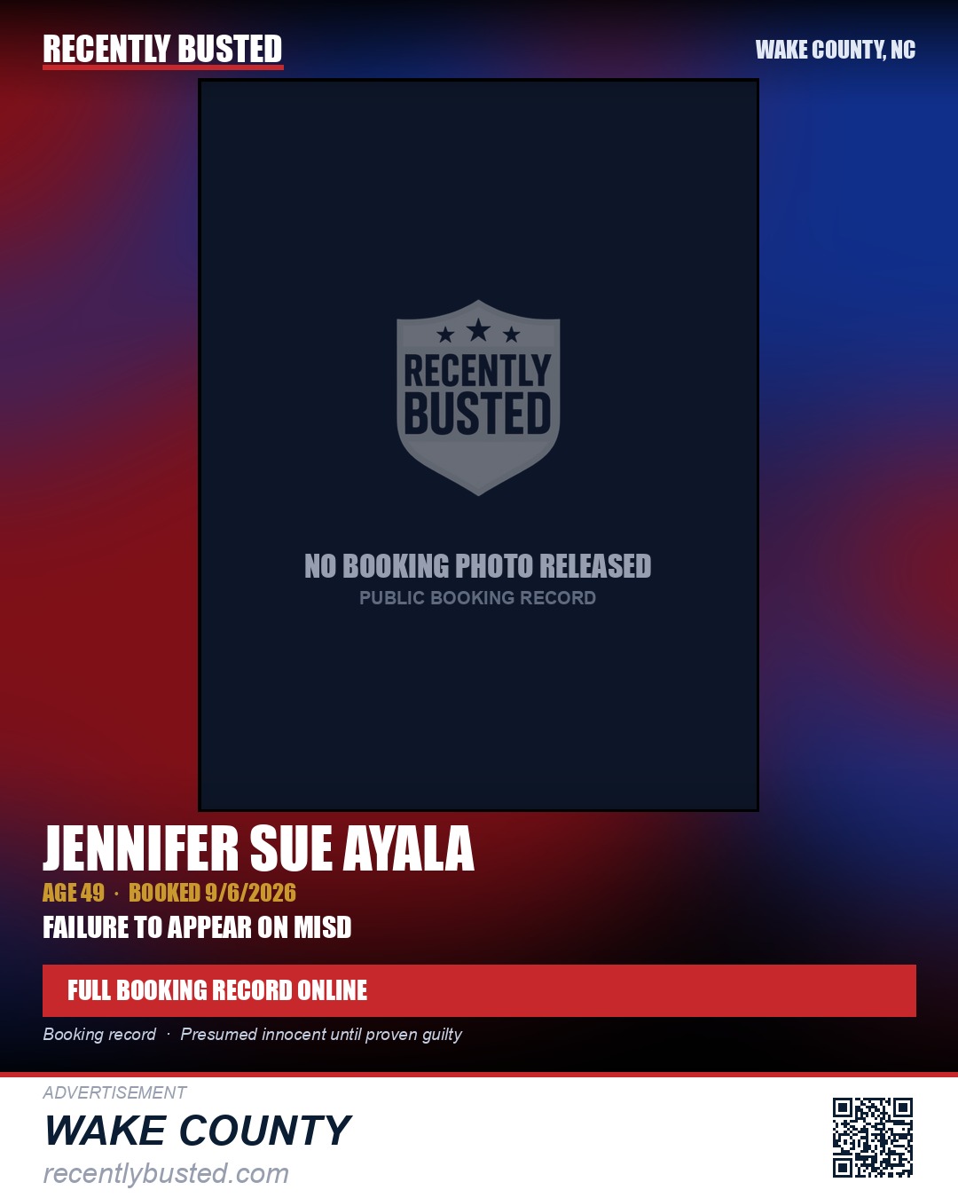 JENNIFER SUE AYALA — arrest record card, Wake County, North Carolina