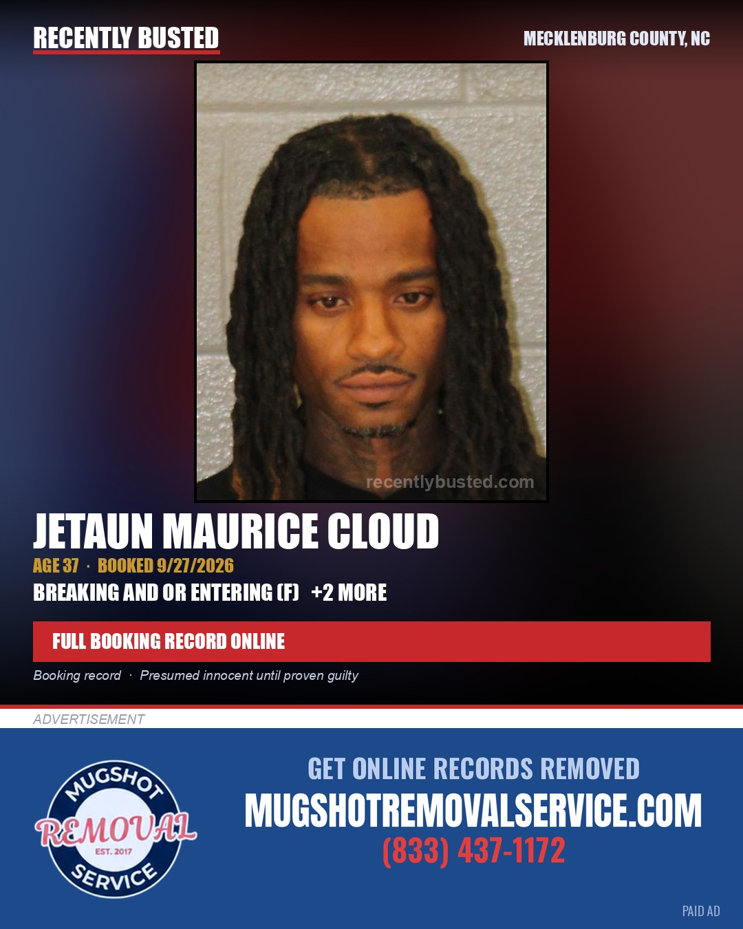 JETAUN MAURICE CLOUD — arrest record card, Mecklenburg County, North Carolina