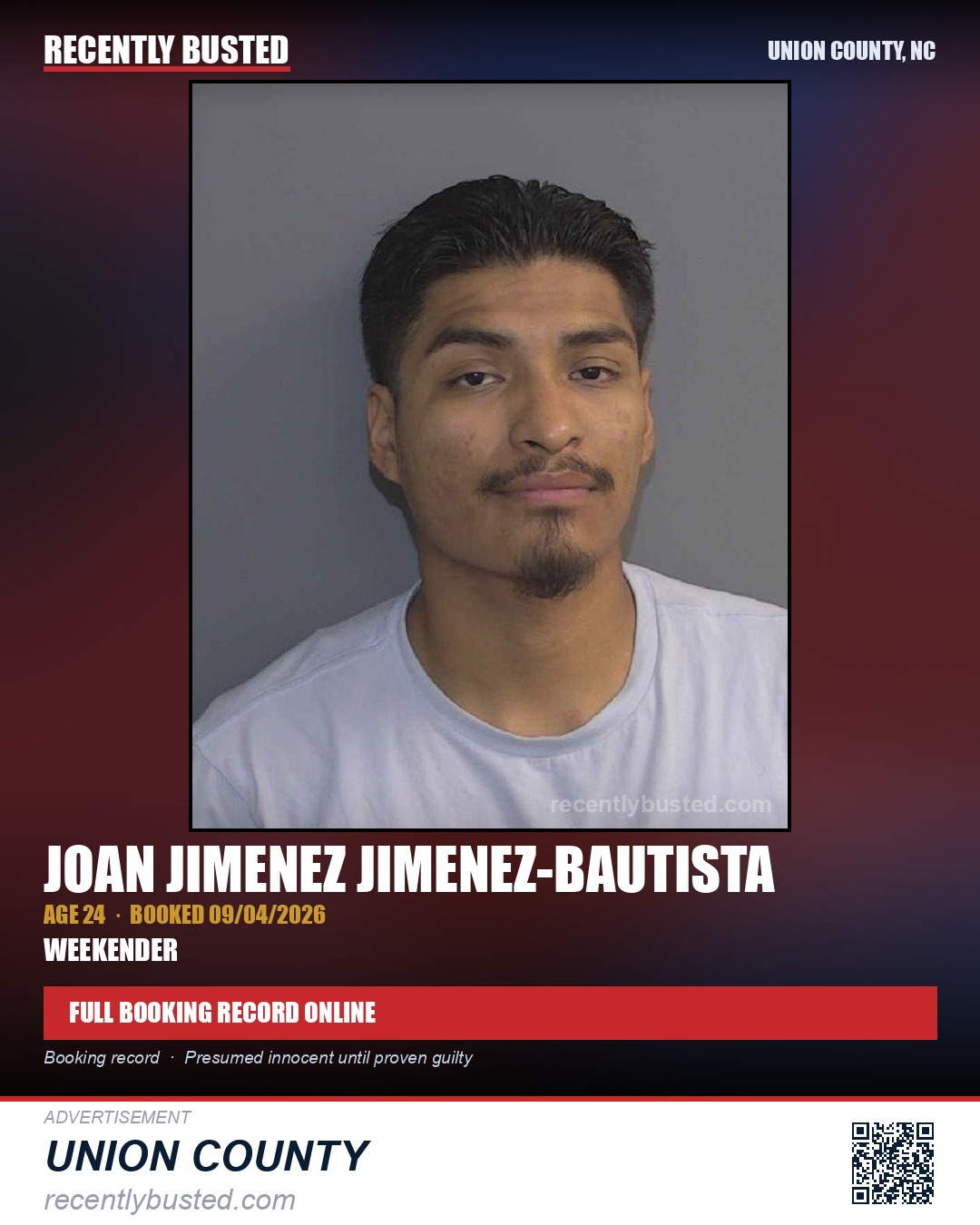 JIMENEZ-BAUTISTA, JOAN JIMENEZ — arrest record card, Union County, North Carolina