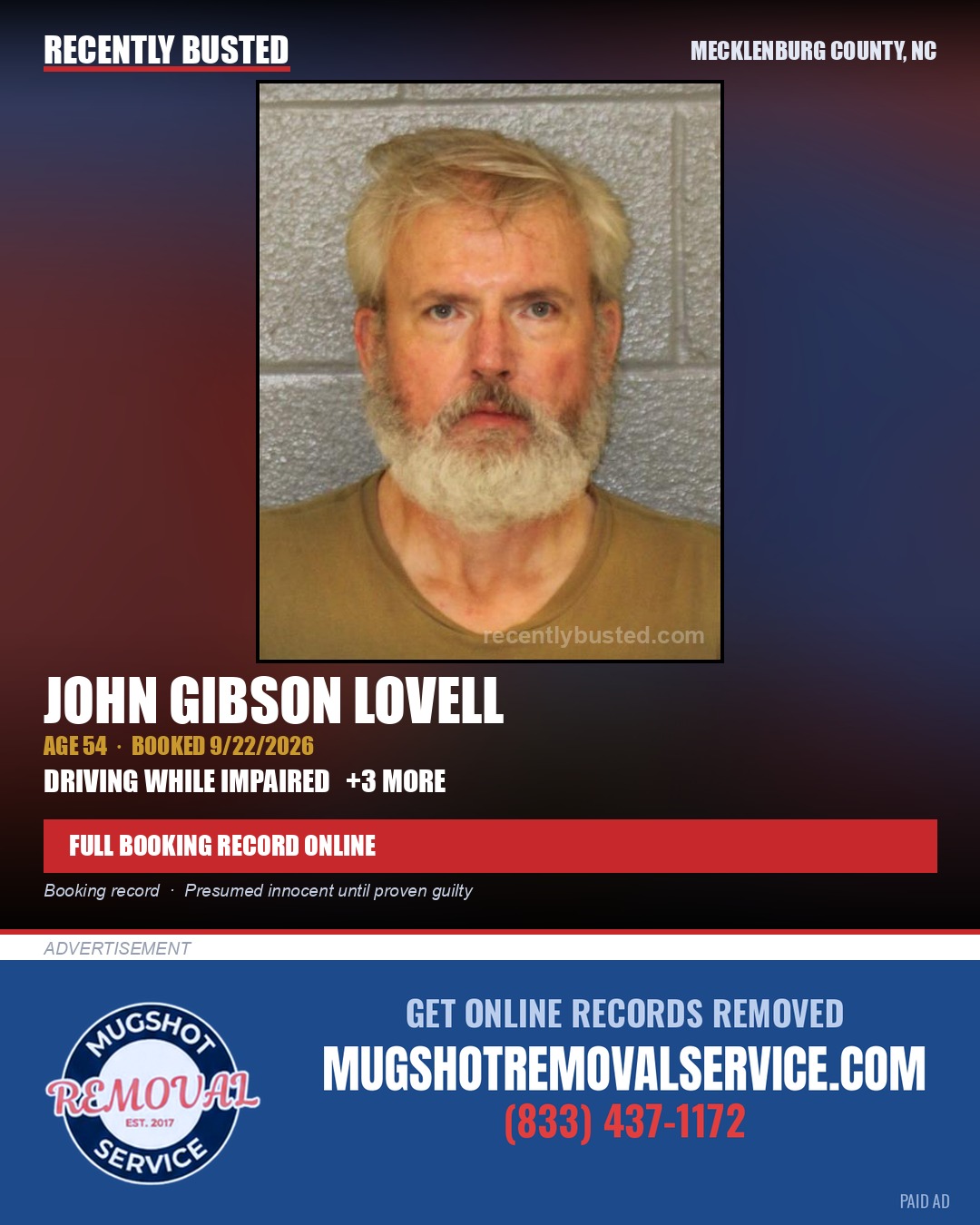 JOHN GIBSON LOVELL — arrest record card, Mecklenburg County, North Carolina