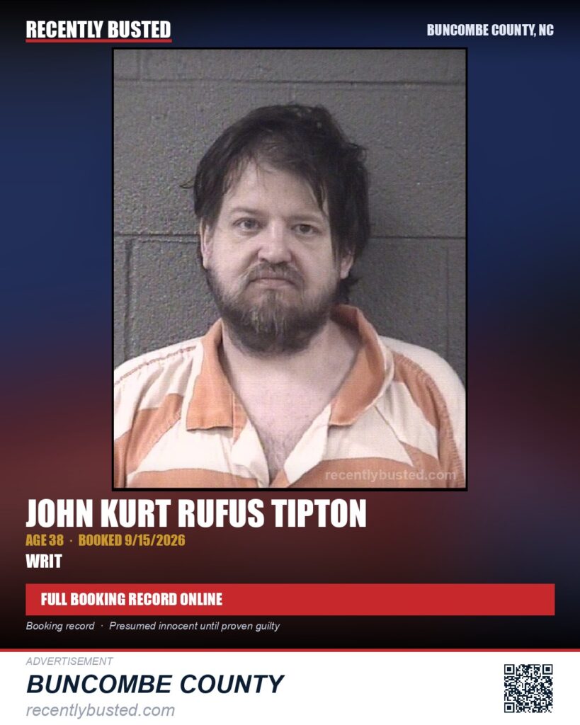 JOHN KURT RUFUS TIPTON — arrest record card, Buncombe County, North Carolina