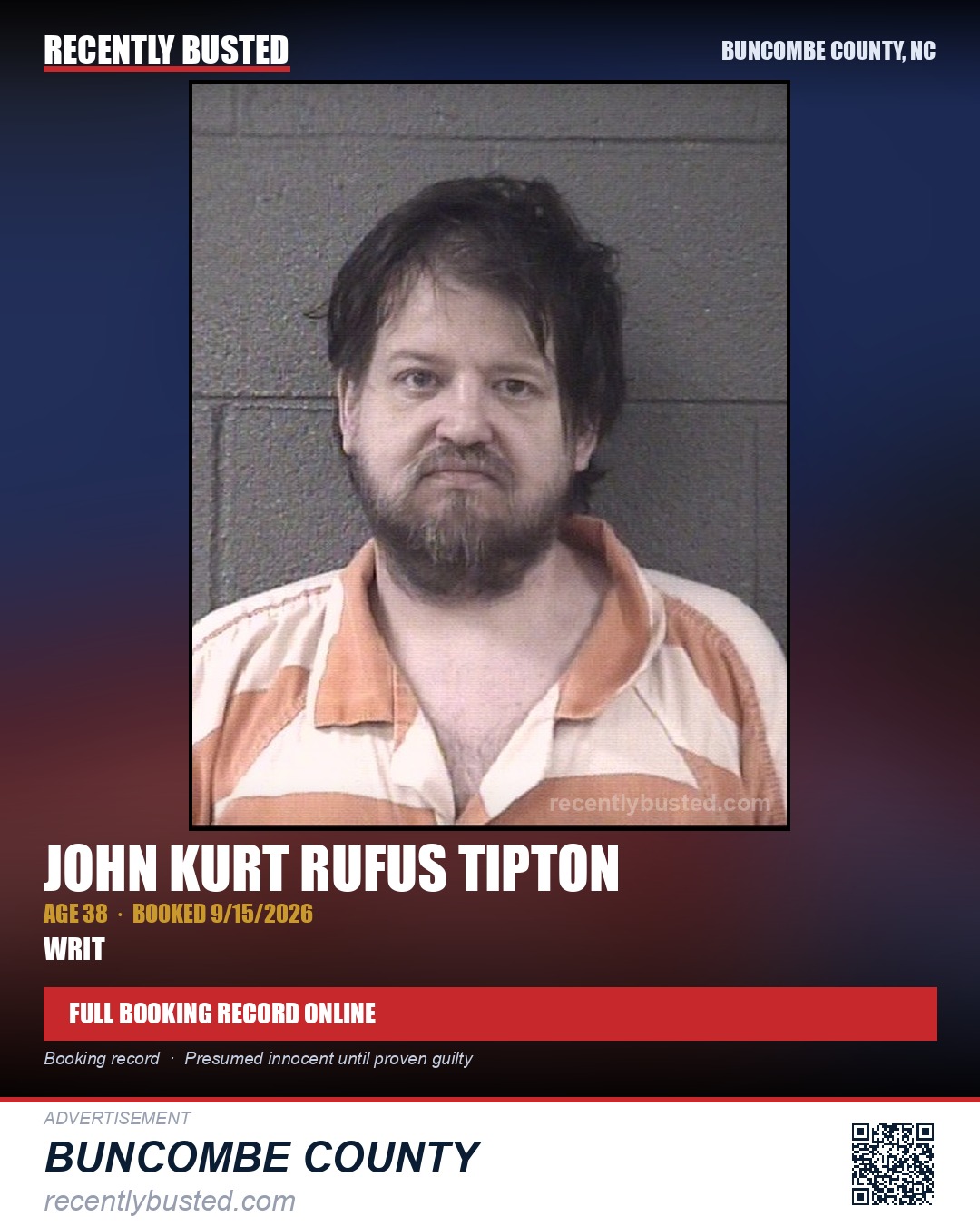 JOHN KURT RUFUS TIPTON — arrest record card, Buncombe County, North Carolina